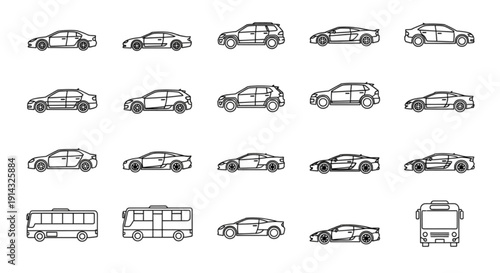 Automotive CAD Outline Pack | Car, Minibus, and Bus Top and Side Elevation Silhouettes for Floor Planning