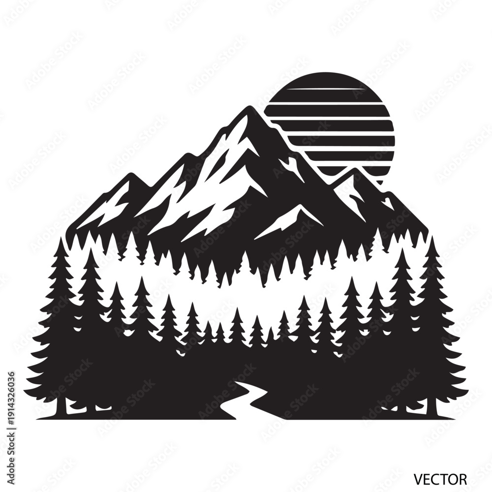 Fototapeta premium Mountain peak and pine forest silhouettes are an adventure tourism logo design element isolated on a transparent background.