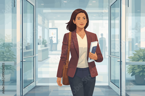 A professional woman walking through office building glass doors with a file and phone