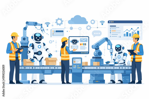 Robots and humans working together on a modern automated factory production line