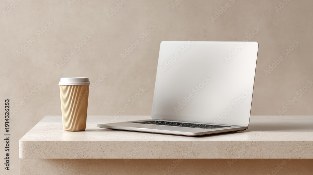 Fototapeta premium Modern workspace scene featuring a sleek laptop and disposable coffee cup on a minimalist counter with a neutral background for creative inspiration