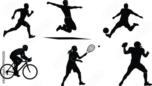 Silhouette of six sportsmen in various athletic poses