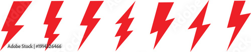 red lightning bolt icon set with solid and outline variations for electricity power energy speed and charging symbol design