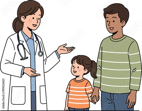 A doctor discussing with a concerned father and his sick child