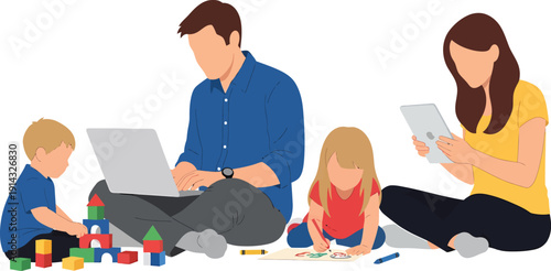 Family with parents and two children engaging in various activities together at home