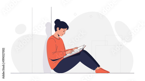 Young Woman Reading Book Relaxing Sitting Indoors