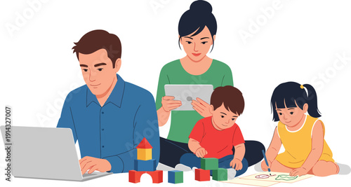 Family with parents and two children using a laptop and playing