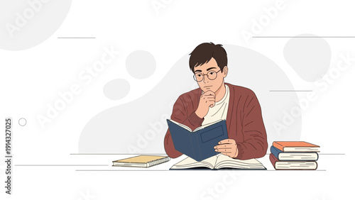 Young Man Reading Book, Studying Knowledge, Learning Education Concept