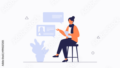 Woman Communicating Online with Chat Bubbles and Plant