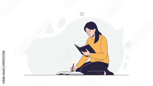 Young Woman Studying and Writing in a Book, Education Concept