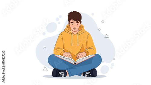 Young man in yellow hoodie reading book, sitting cross-legged, illustration on white background