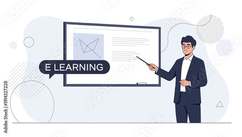 Man teaching online course on e-learning platform with digital whiteboard