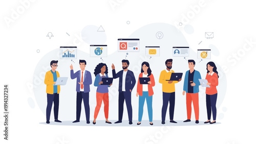 Diverse team collaborating on digital projects with laptops and tablets