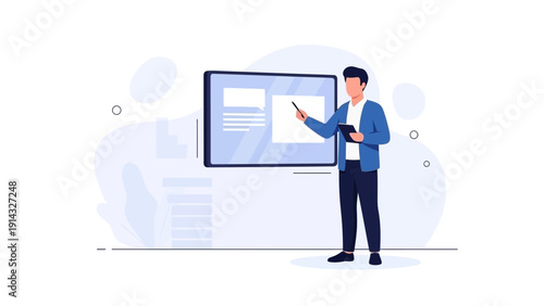 Man giving presentation with tablet and screen in modern office