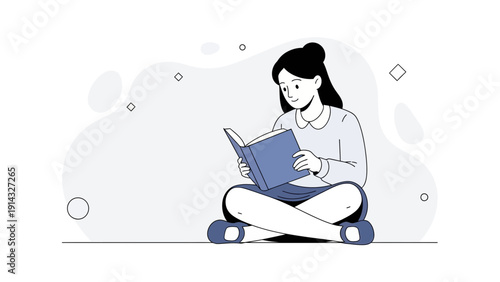 Young Woman Reading Book Sitting Cross-legged, Calm Lifestyle Illustration