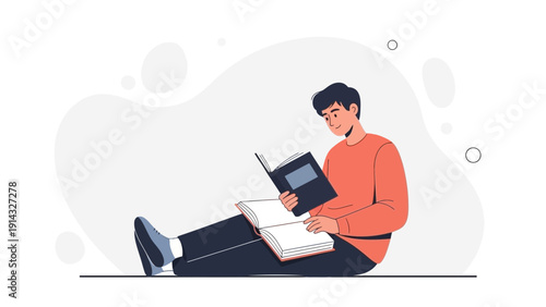 Young man reading an open book, sitting on the floor, illustration