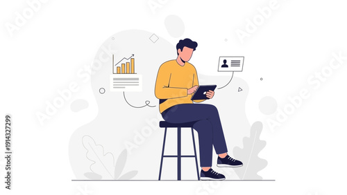 Man using tablet for business analytics and data visualization, modern flat illustration