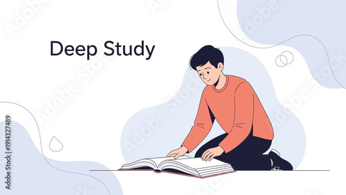 Young Man Deeply Studying Book, Learning and Education Concept