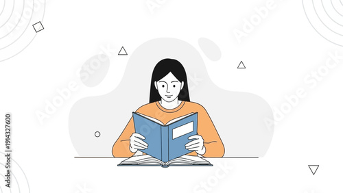 Young Woman Reading a Book, Education and Knowledge Concept, Minimalist Illustration