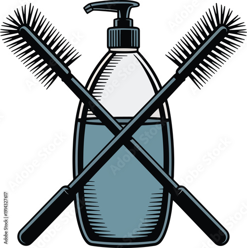 blue liquid cleaning bottle with crossed toilet brushes