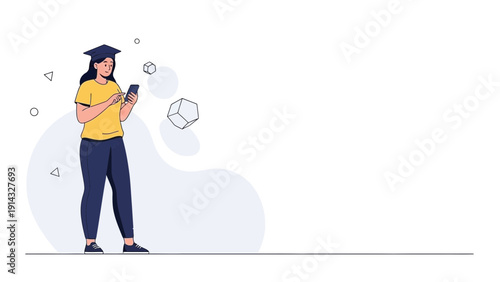 Student with graduation cap using smartphone for online education, learning, and technology