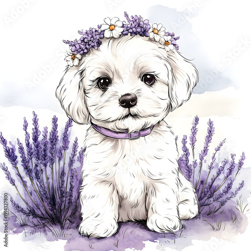 Cute white puppy wearing a wreath of purple flowers on its head and sitting among blooming lavender flowers, illustrated in a soft watercolor pastel style, perfect for nursery art, spring designs, chi