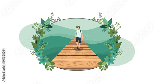 Young Boy Walking on Wooden Pier Towards Green Water Surrounded by Floral Frame