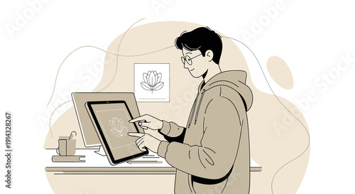 Young Man Designing Digital Art on Tablet, Creative Workspace with Computer