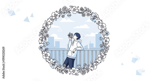 Young Man Admiring Flowers in Urban Setting with Floral Frame