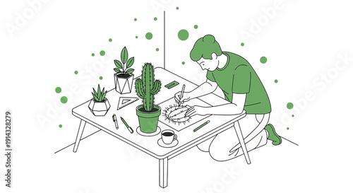 Young Man Drawing Cactus and Plants on Table, Creative Hobby