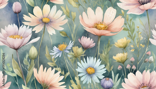 Watercolor illustration of pastel wildflowers with soft, blending colors and textures

