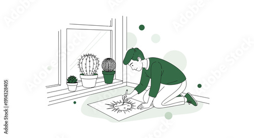 Young Boy Drawing Sun on Paper Next to Potted Cacti by Window