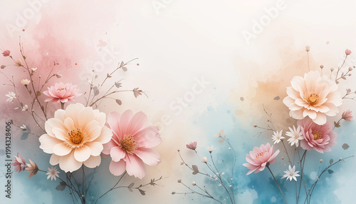 Delicate pastel floral composition with soft watercolor strokes and airy feel