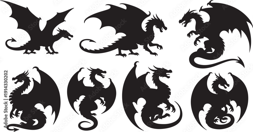 Obraz premium A diverse collection of dragon silhouettes showcasing various poses and designs.