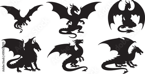 Six different types of dragons in black and white illustration