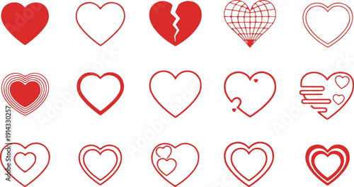 A collection of various heart designs and patterns in red and white