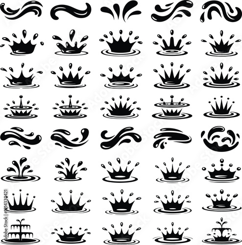 Collection of black splash and water droplet designs arranged in a grid pattern high quality