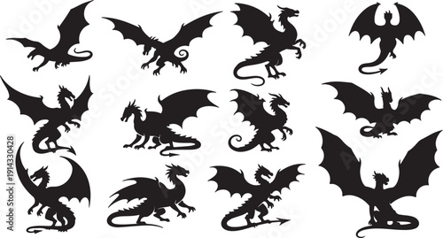 A collection of twelve distinct black silhouettes of dragons in various poses and styles