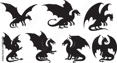 A collection of eight distinct black silhouettes of dragons in various poses