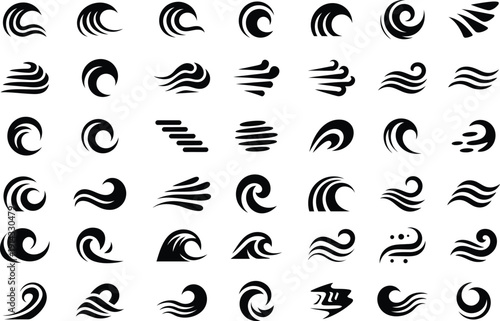 A collection of abstract black wave designs arranged in a grid formation on a white background