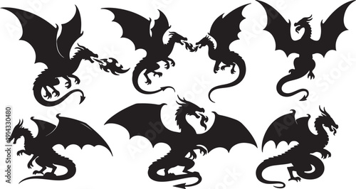 A collection of seven different bat silhouettes in various poses and orientations
