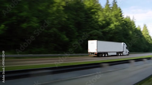 White Semi Truck with Trailer Driving Fast on Forest Highway