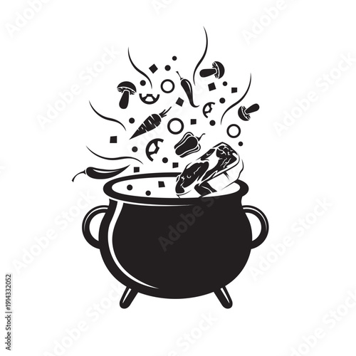 cooking process of vegetables and meat on cauldron isolated on white background