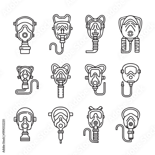 Assorted Gas Masks and Respirators Collection - Line Art Icons