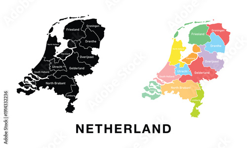 Netherland map set. Black silhouette map and colored detailed map. Vector on white background.