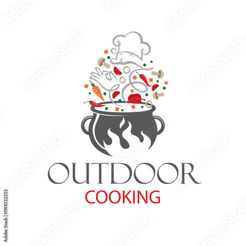 cooking process of vegetables and meat on cauldron isolated on white background