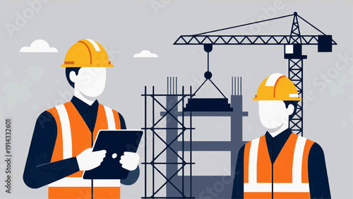 Two construction workers review plans on a tablet at a building site with a crane
