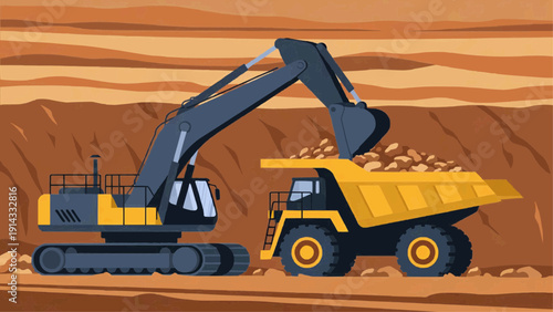 A large excavator loads a dump truck with rocks at a quarry site outdoors.