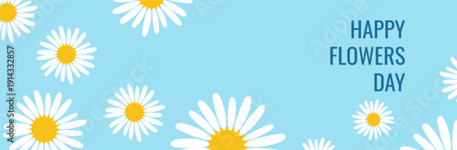 "Happy Flowers Day" horizontal banner with white daisy flowers on a light blue background. Minimalist floral greeting card or website header illustration.