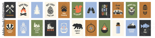 Outdoor adventure vector set with camping icons, woodland animals, tents, mountains and badges. Hand drawn nature graphics and quotes for stickers, posters, apparel and outdoor themed designs.